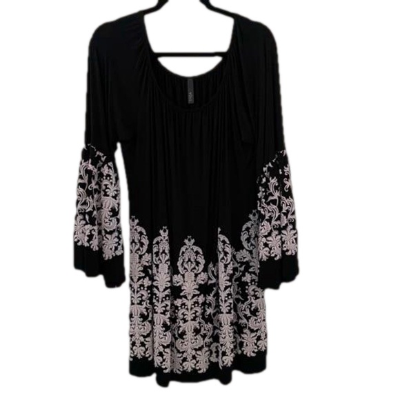 Voll Gypsy Boho Black White Bell Sleeve Dress Size 3X Rounded Neckline - Picture 5 of 7